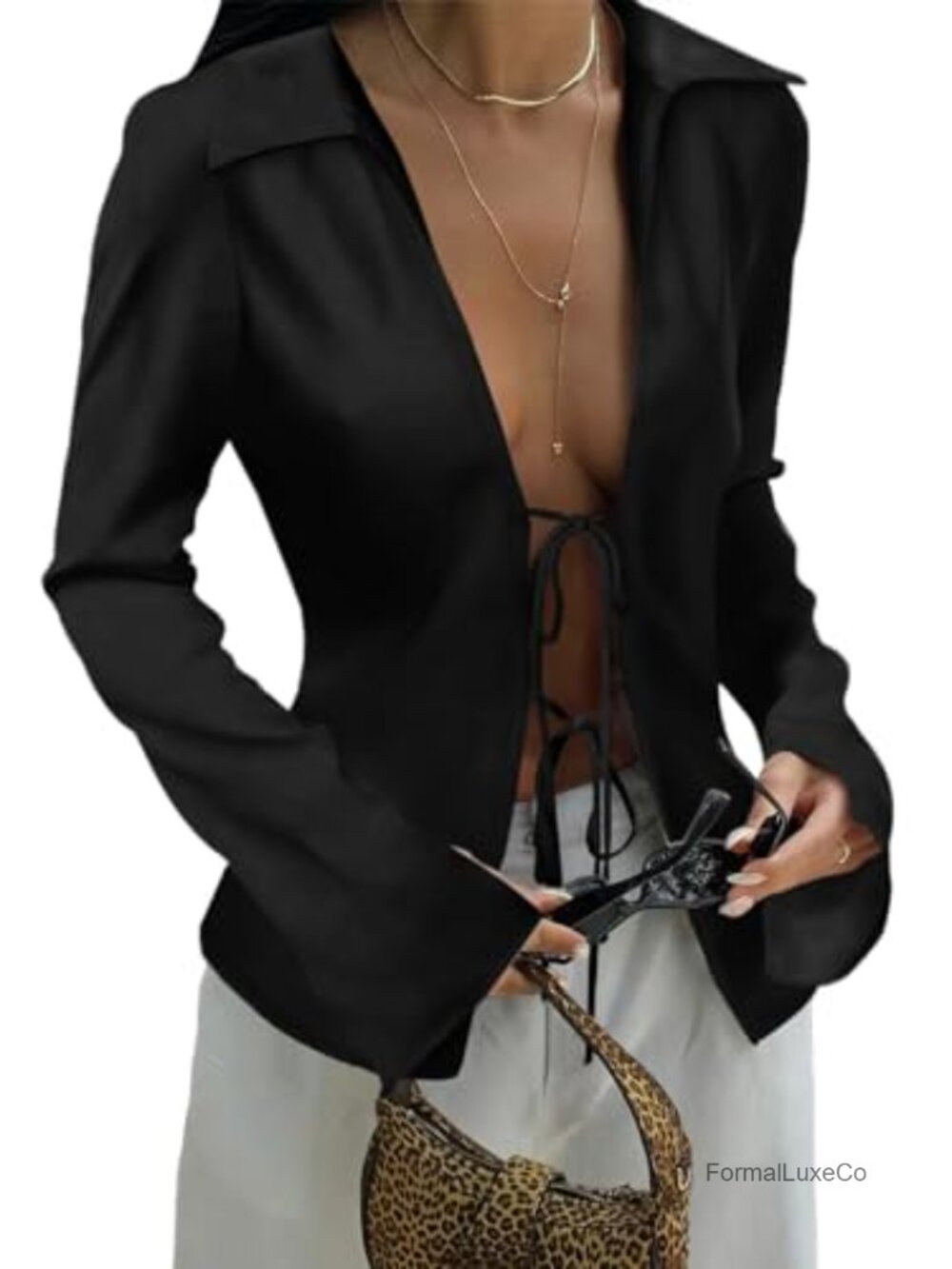 Satin Tie Front Blouse Long Slit Sleeve V-Neck Going Out Top